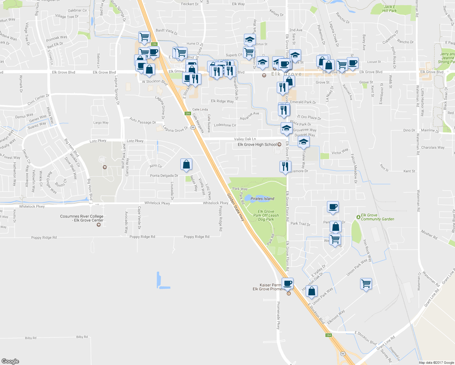 map of restaurants, bars, coffee shops, grocery stores, and more near 9941 East Stockton Boulevard in Elk Grove