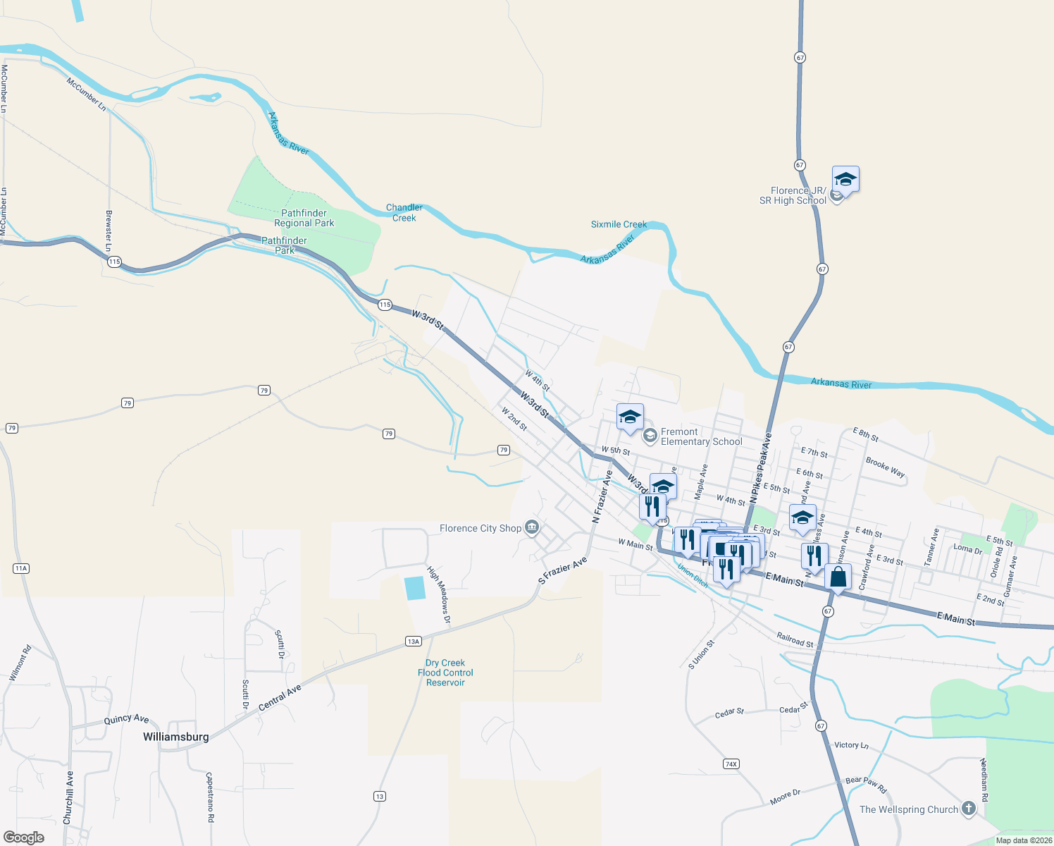 map of restaurants, bars, coffee shops, grocery stores, and more near 1124 W 2nd St in Florence
