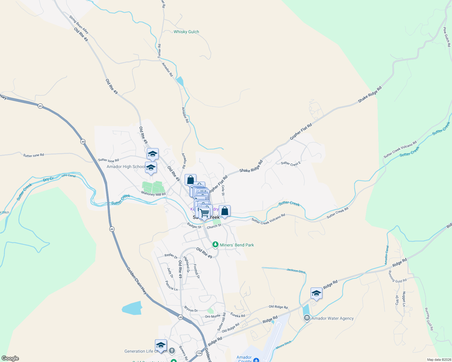 map of restaurants, bars, coffee shops, grocery stores, and more near 90 Gopher Flat Rd in Sutter Creek