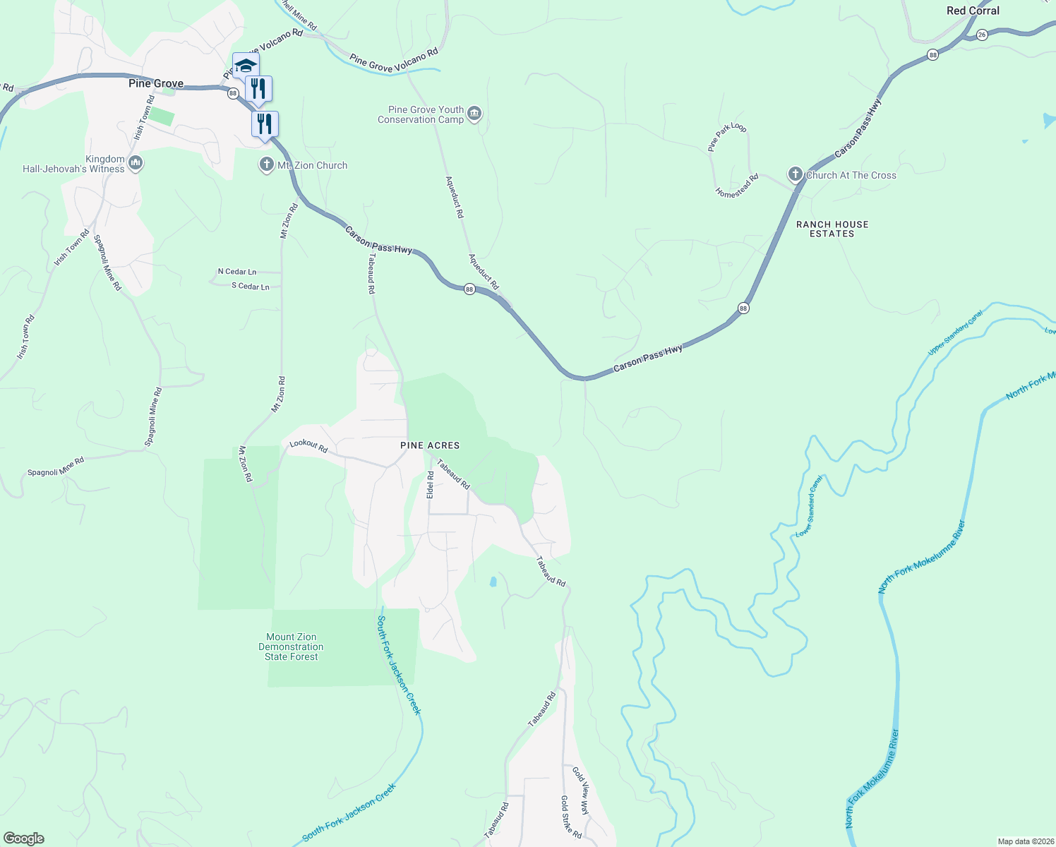 map of restaurants, bars, coffee shops, grocery stores, and more near 21000 French Gulch Road in Pine Grove