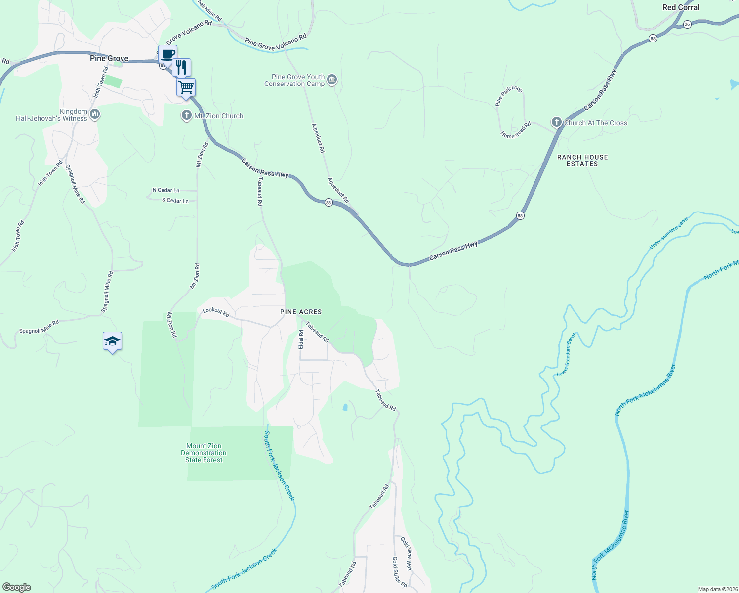 map of restaurants, bars, coffee shops, grocery stores, and more near 21000 French Gulch Road in Pine Grove