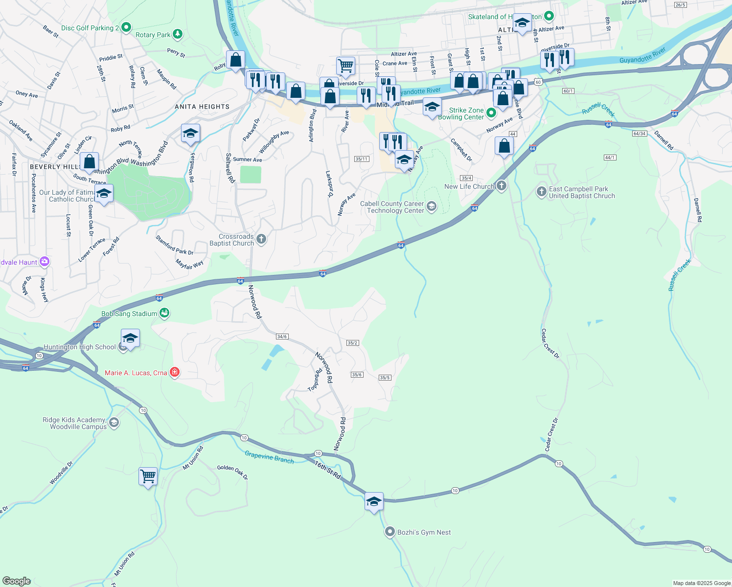 map of restaurants, bars, coffee shops, grocery stores, and more near 228 Seneca Road in Huntington
