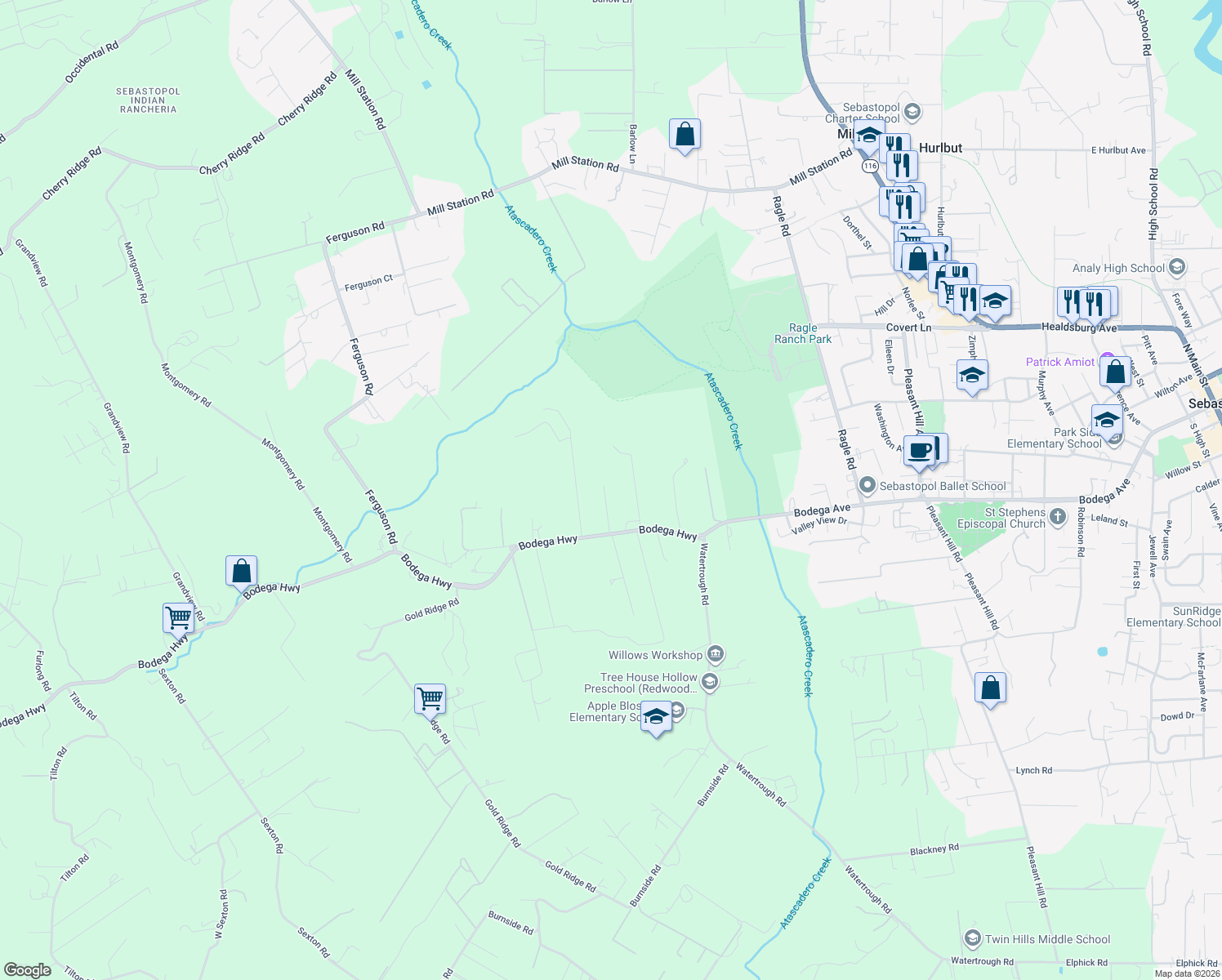 map of restaurants, bars, coffee shops, grocery stores, and more near 8932 Bodega Highway in Sebastopol