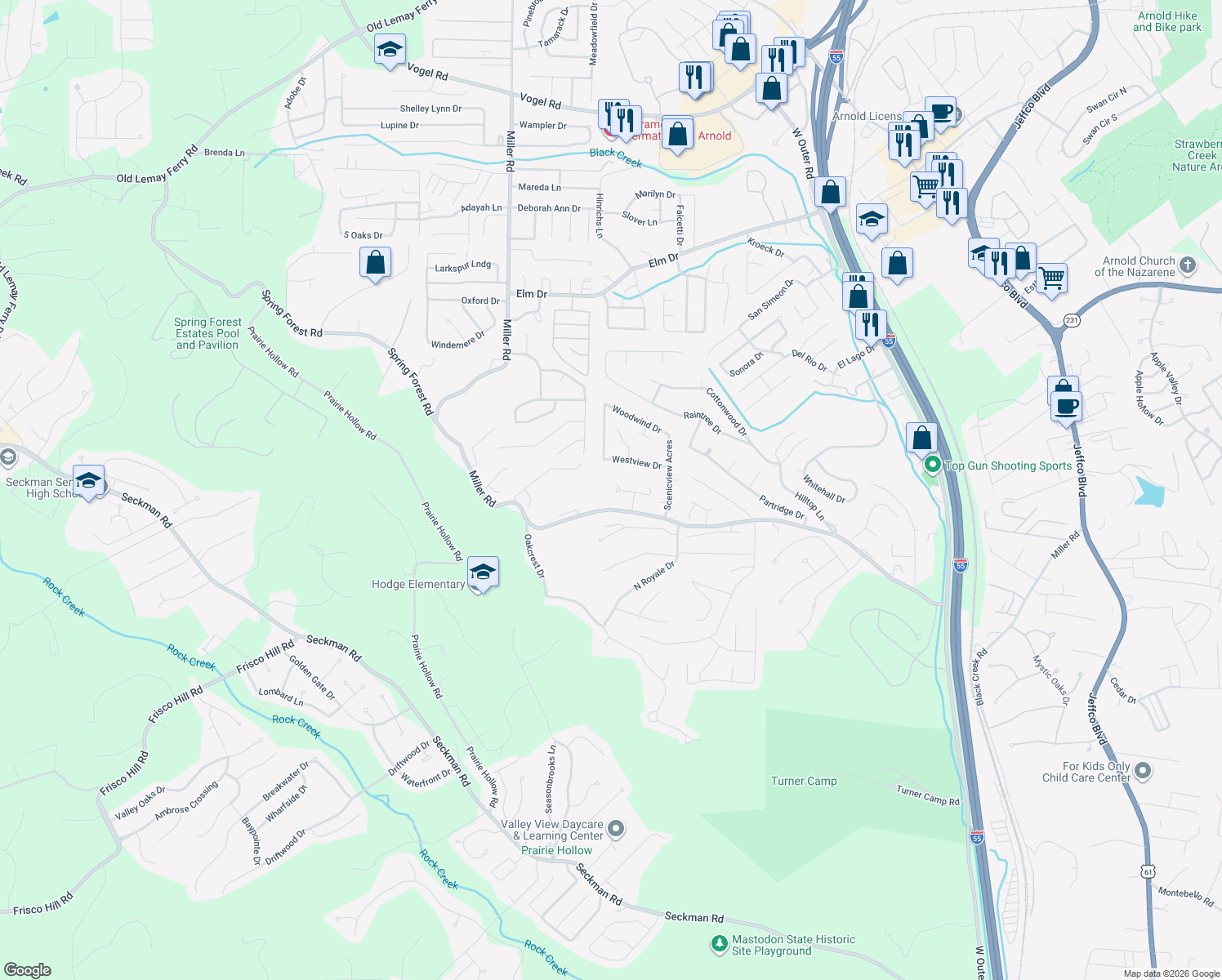 map of restaurants, bars, coffee shops, grocery stores, and more near 1754 Scenic Meadows Drive in Imperial