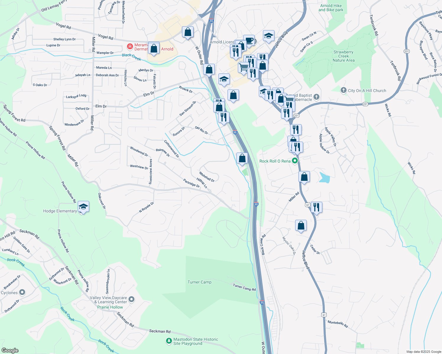 map of restaurants, bars, coffee shops, grocery stores, and more near 4187 Whitehall Drive in Arnold