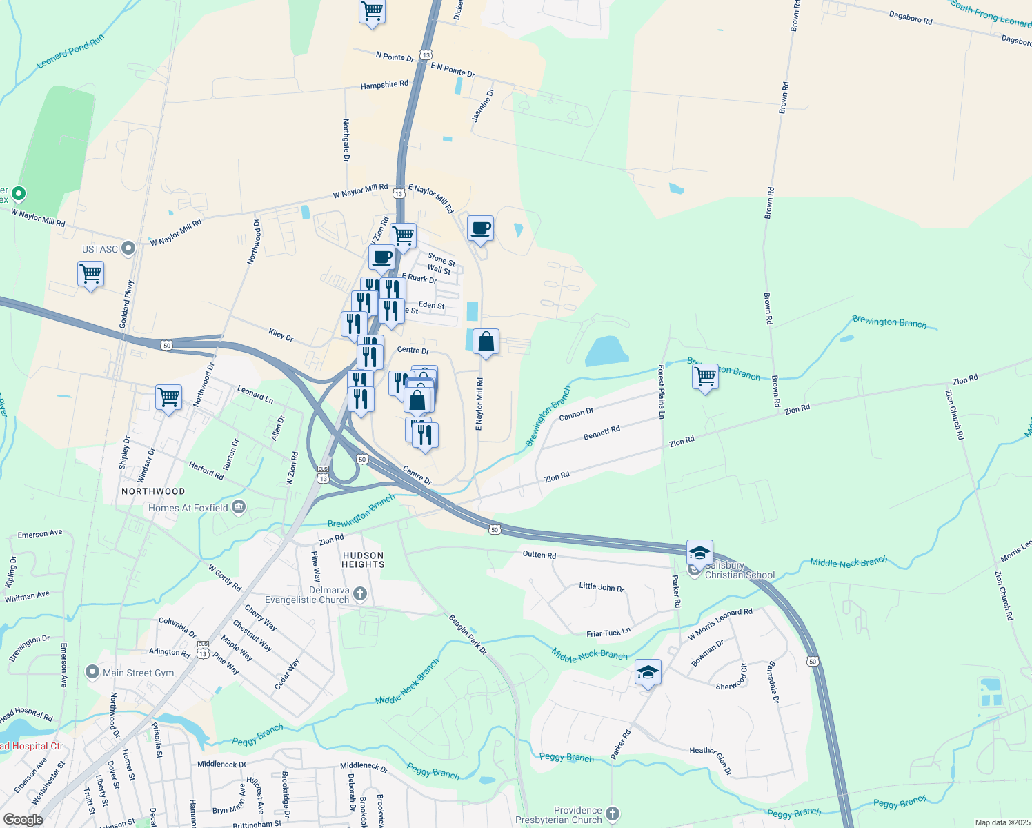 map of restaurants, bars, coffee shops, grocery stores, and more near 103 Overlook Drive in Salisbury
