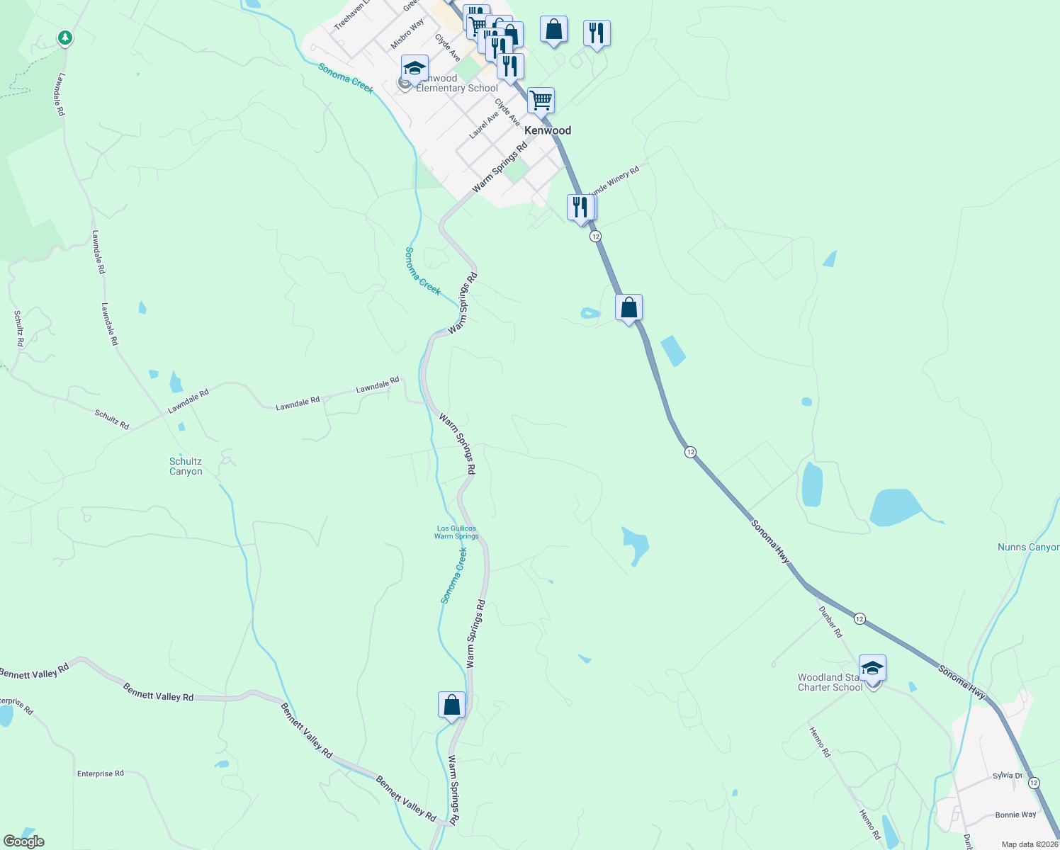 map of restaurants, bars, coffee shops, grocery stores, and more near 10300 Slattery Road in Glen Ellen