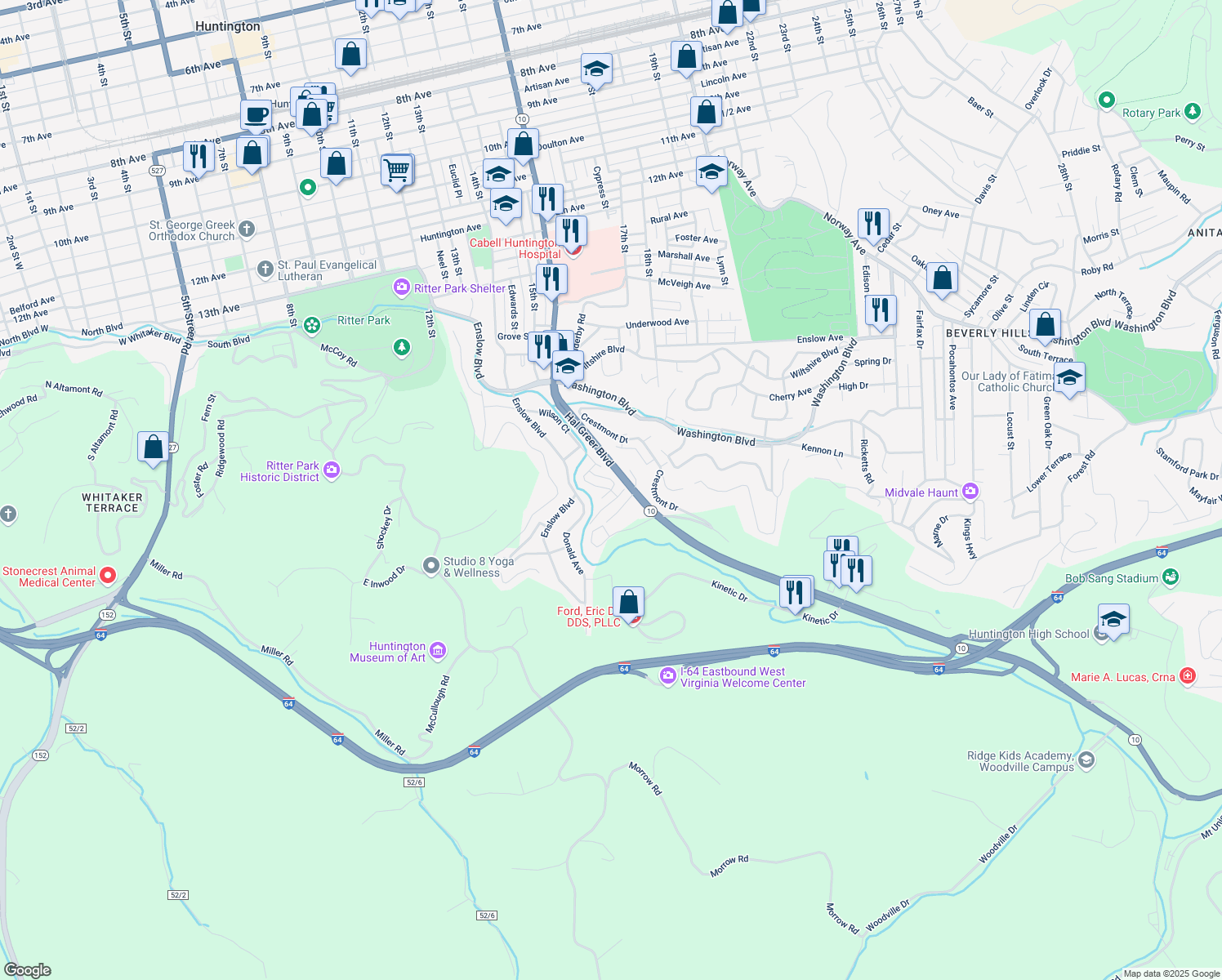 map of restaurants, bars, coffee shops, grocery stores, and more near 149 Ferguson Court in Huntington