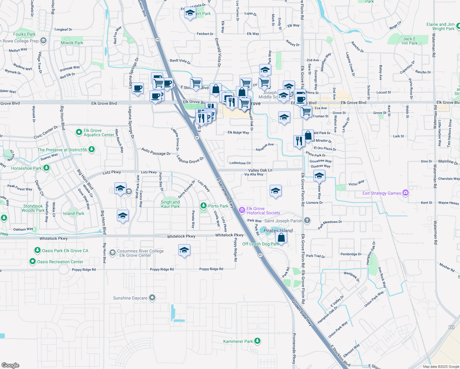 map of restaurants, bars, coffee shops, grocery stores, and more near 9837 Corte Dorado Court in Elk Grove