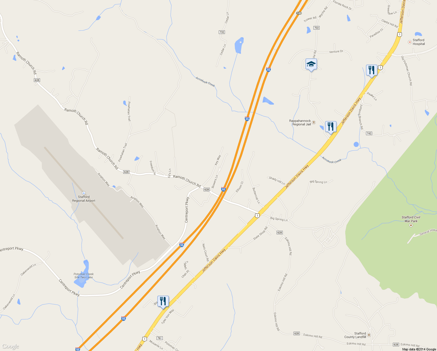 map of restaurants, bars, coffee shops, grocery stores, and more near 1189 Ramoth Church Road in Fredericksburg