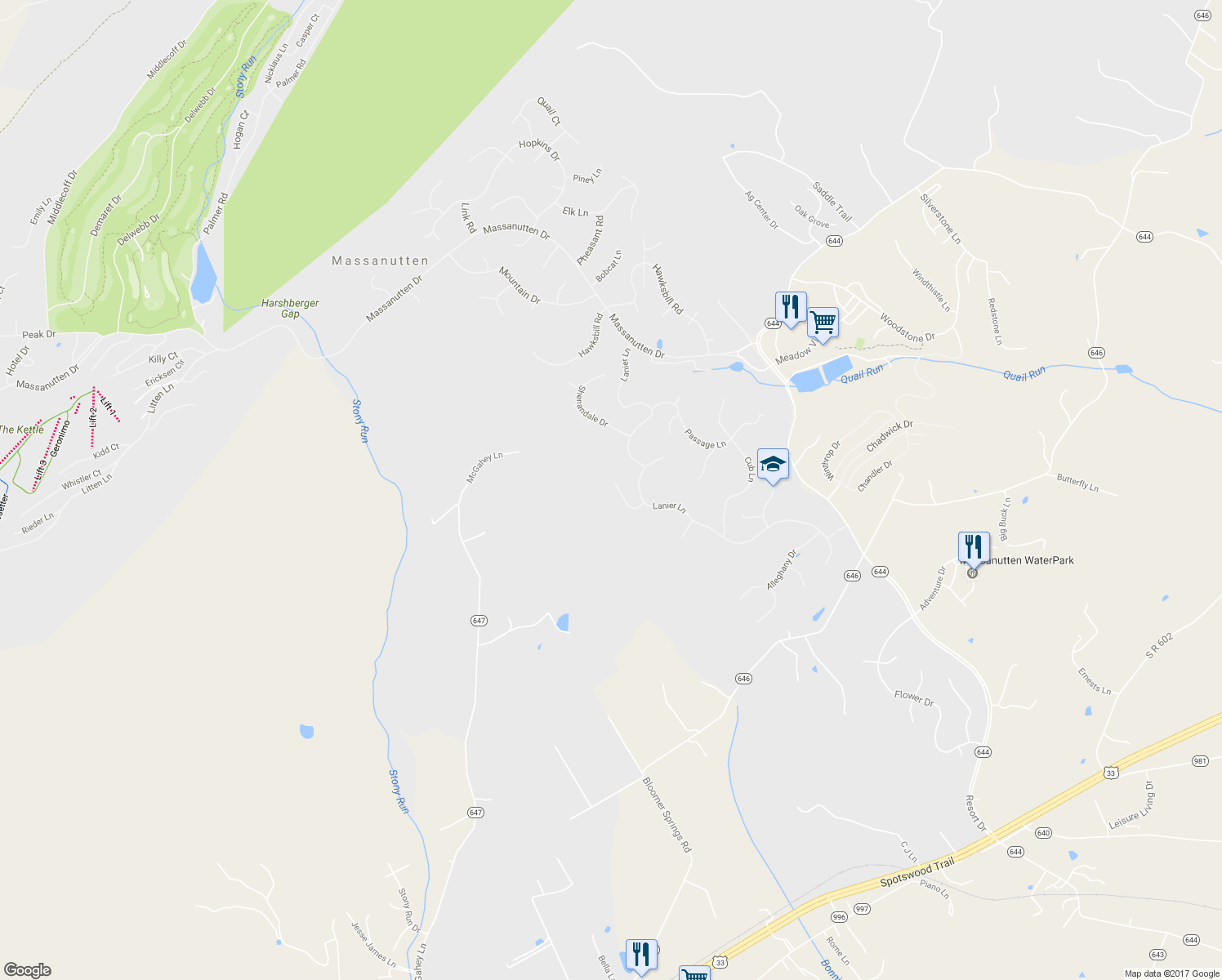map of restaurants, bars, coffee shops, grocery stores, and more near 213 Pleasant Lane in McGaheysville