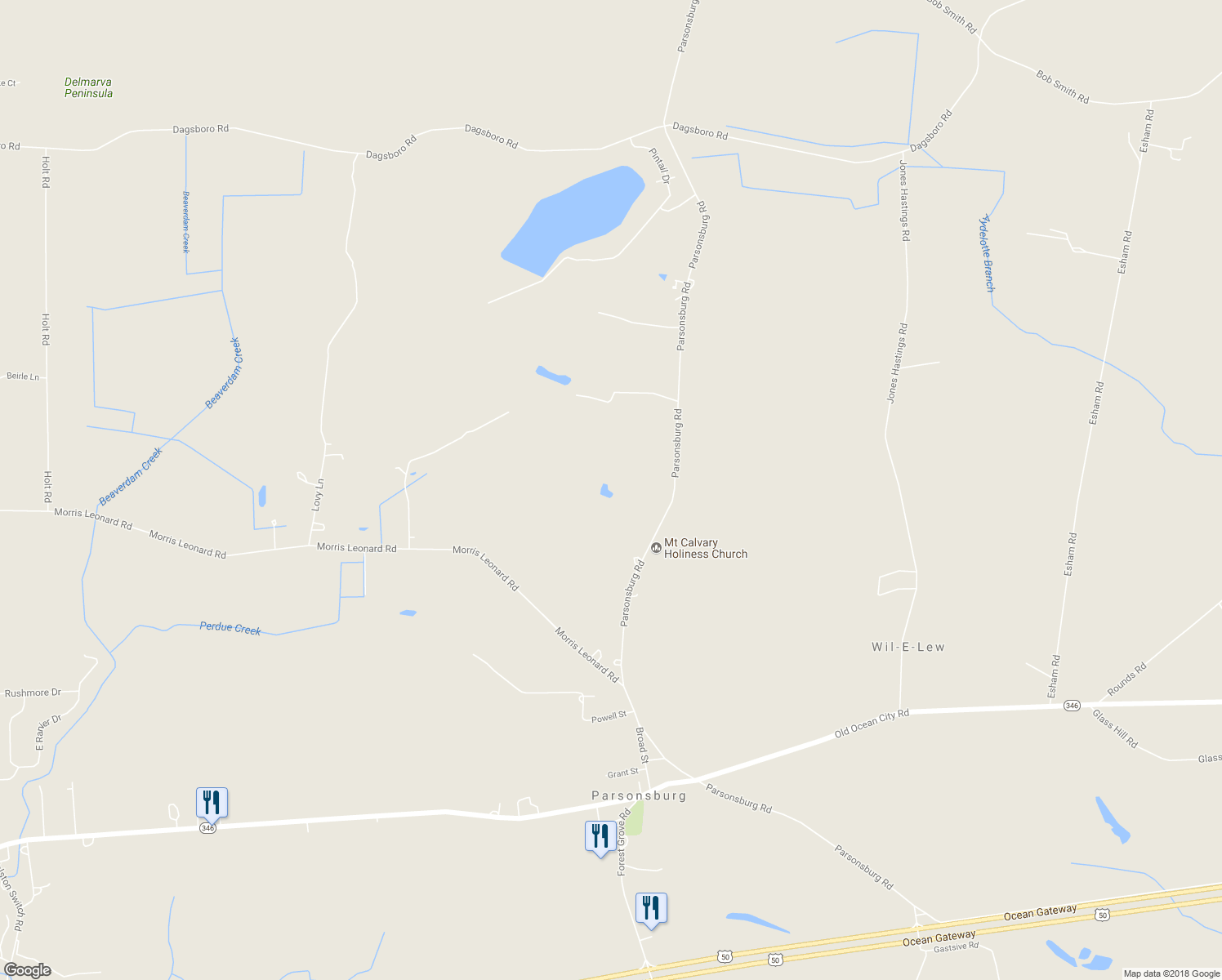 map of restaurants, bars, coffee shops, grocery stores, and more near 7636 Parsonsburg Road in Parsonsburg