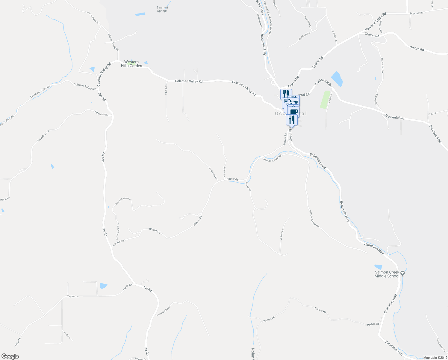 map of restaurants, bars, coffee shops, grocery stores, and more near 15606 Bittner Road in Occidental