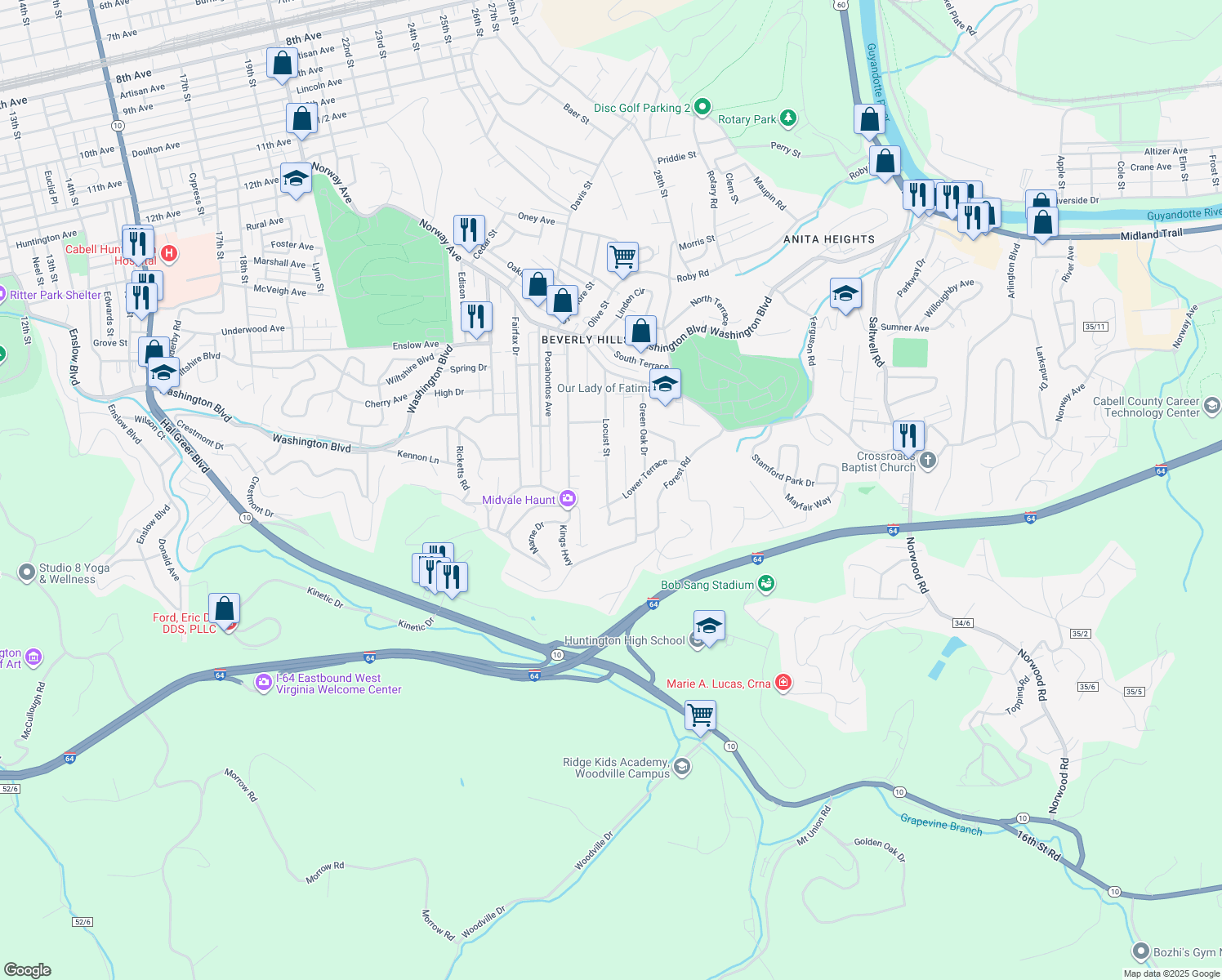 map of restaurants, bars, coffee shops, grocery stores, and more near 348 Locust St in Huntington