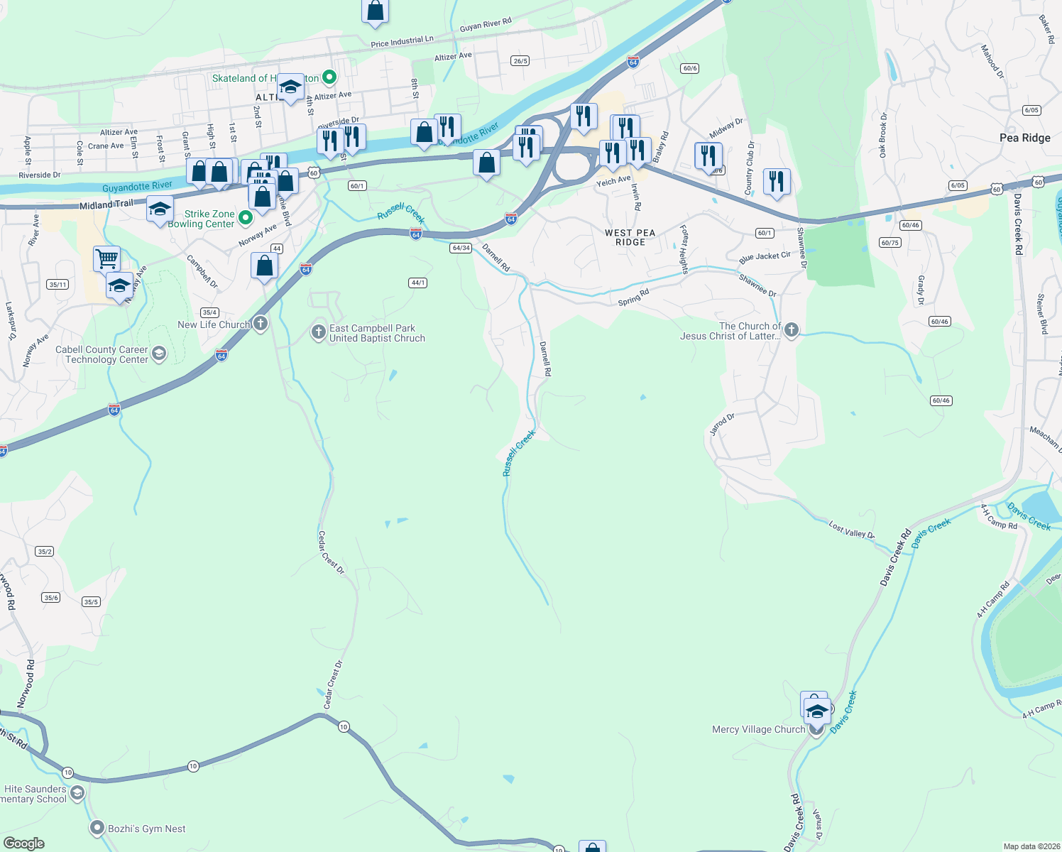 map of restaurants, bars, coffee shops, grocery stores, and more near 4875 Darnell Road in Huntington