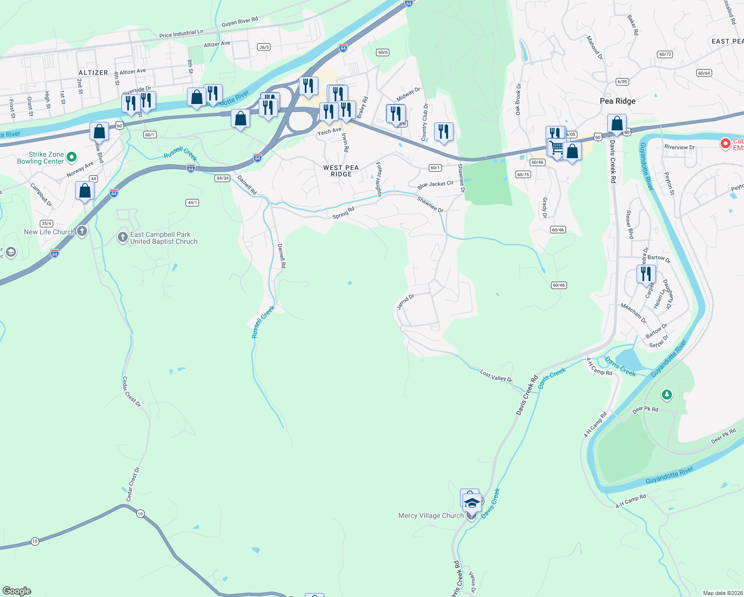map of restaurants, bars, coffee shops, grocery stores, and more near 4891 Spring Road in Huntington
