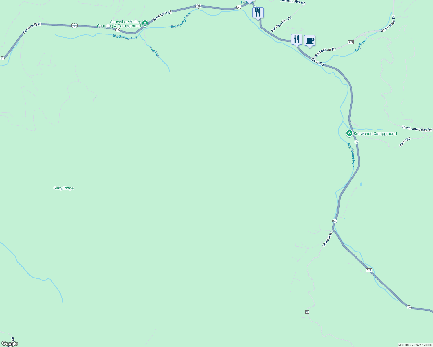 map of restaurants, bars, coffee shops, grocery stores, and more near West Virginia 66 in Marlinton