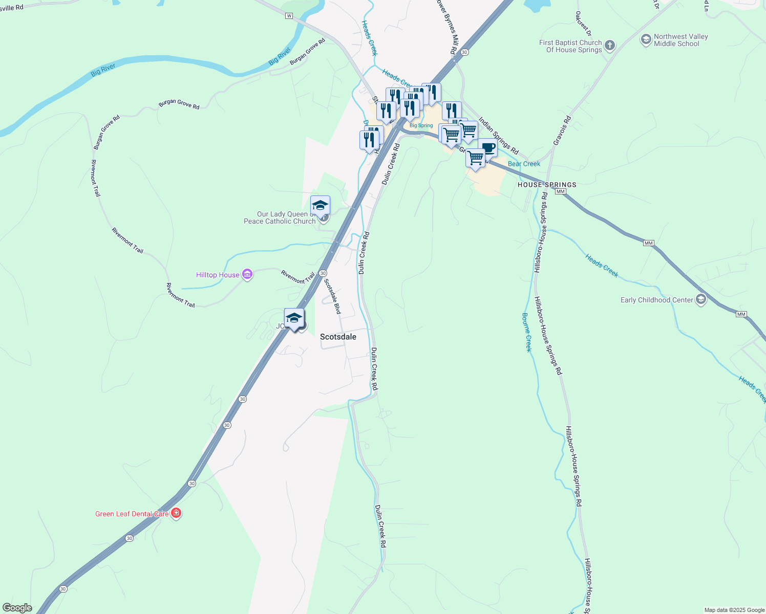 map of restaurants, bars, coffee shops, grocery stores, and more near 6818 Tree Top in House Springs