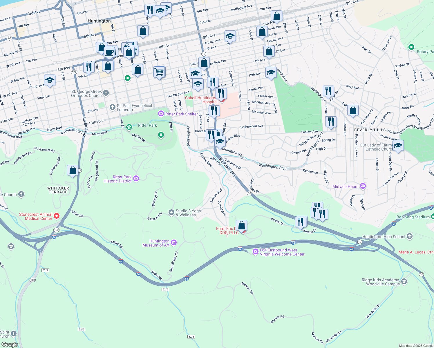 map of restaurants, bars, coffee shops, grocery stores, and more near 1855 Enslow Blvd in Huntington