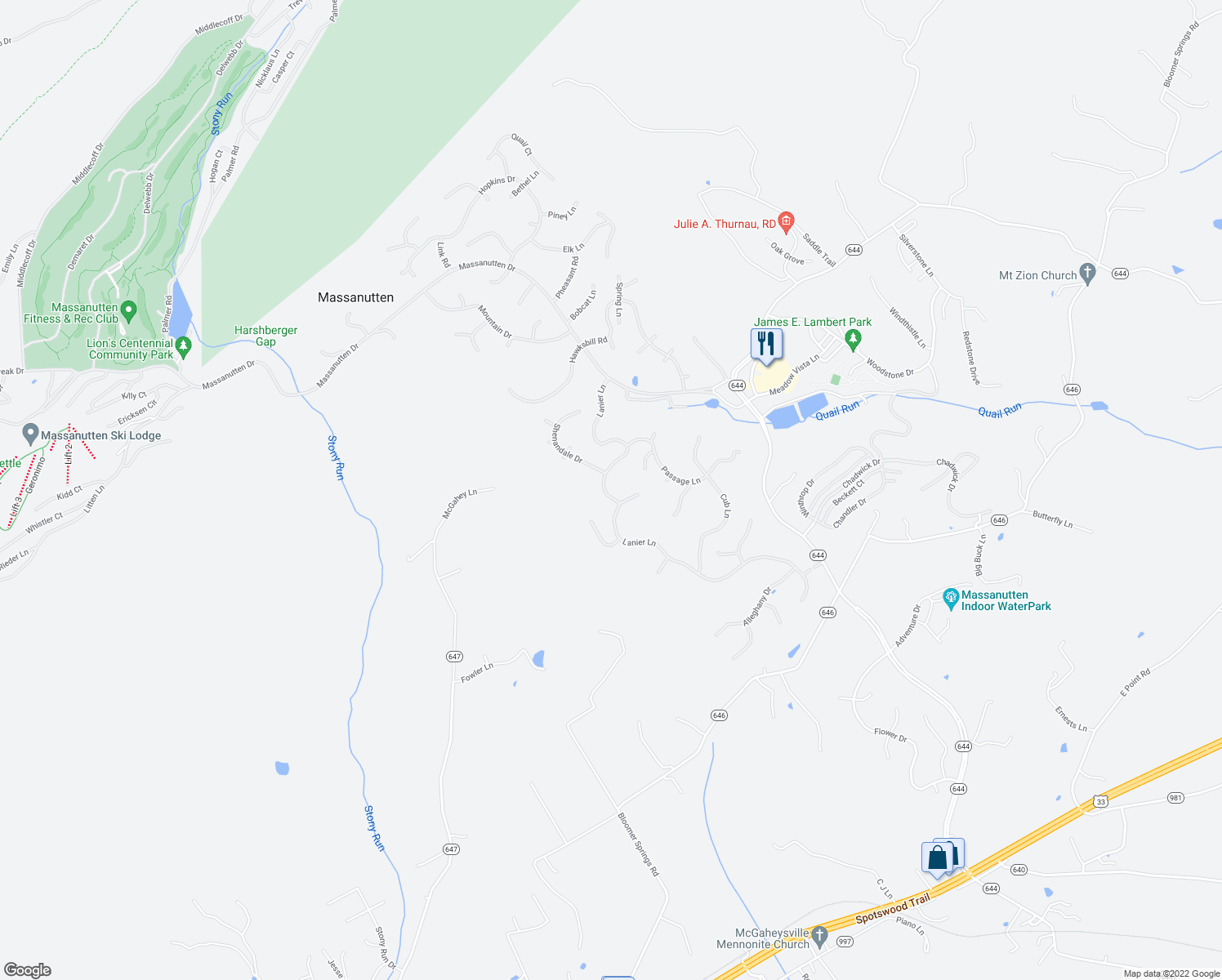 map of restaurants, bars, coffee shops, grocery stores, and more near 2489 Lanier Lane in McGaheysville