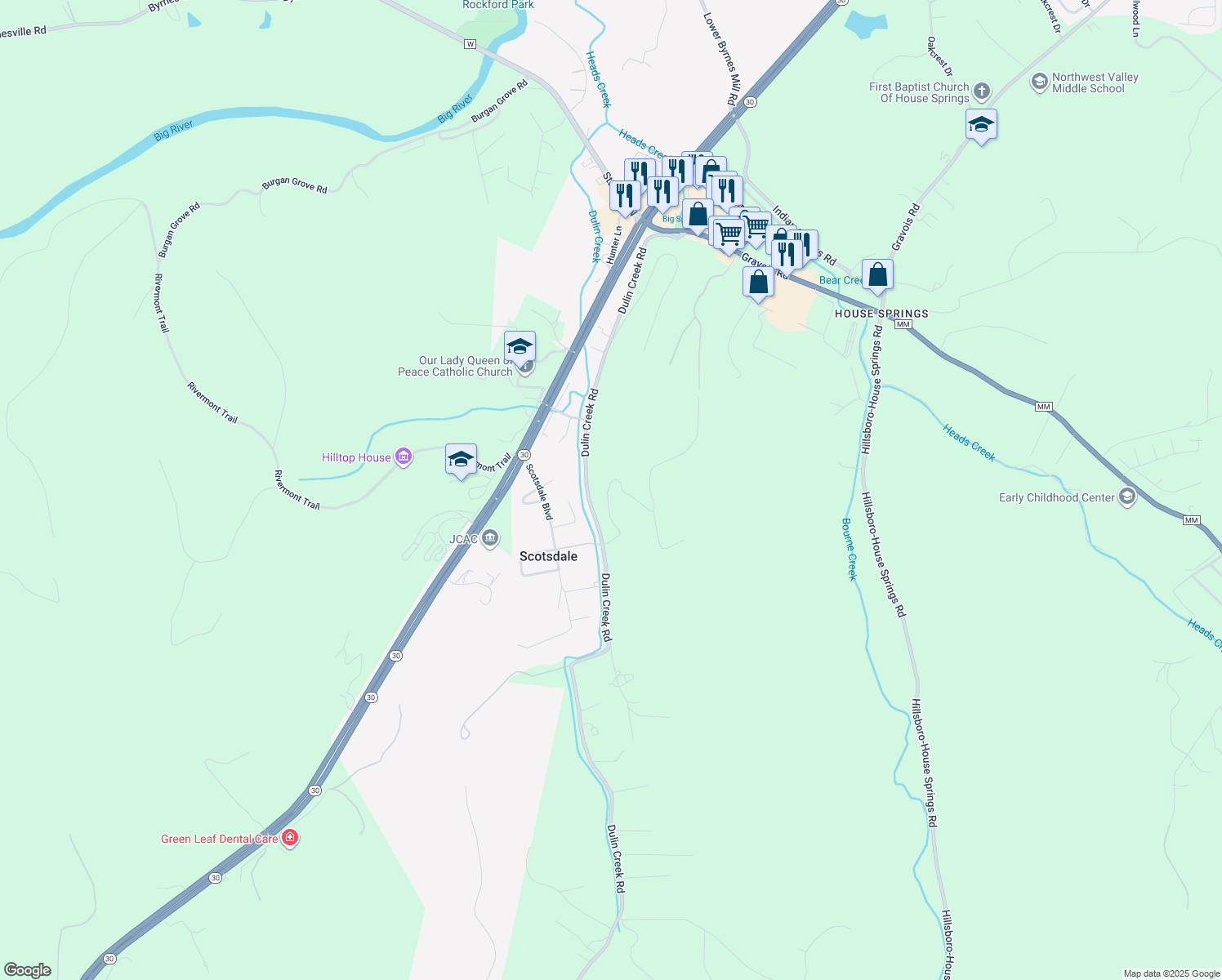map of restaurants, bars, coffee shops, grocery stores, and more near 6818 Tree Top in House Springs