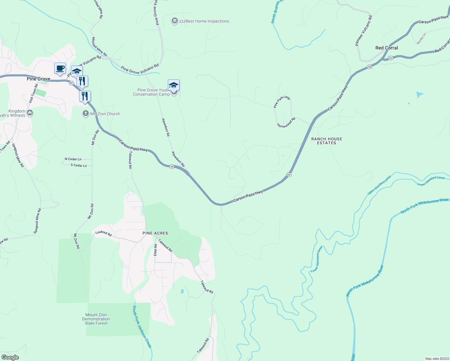 map of restaurants, bars, coffee shops, grocery stores, and more near 13475 Paintbrush Lane in Pine Grove