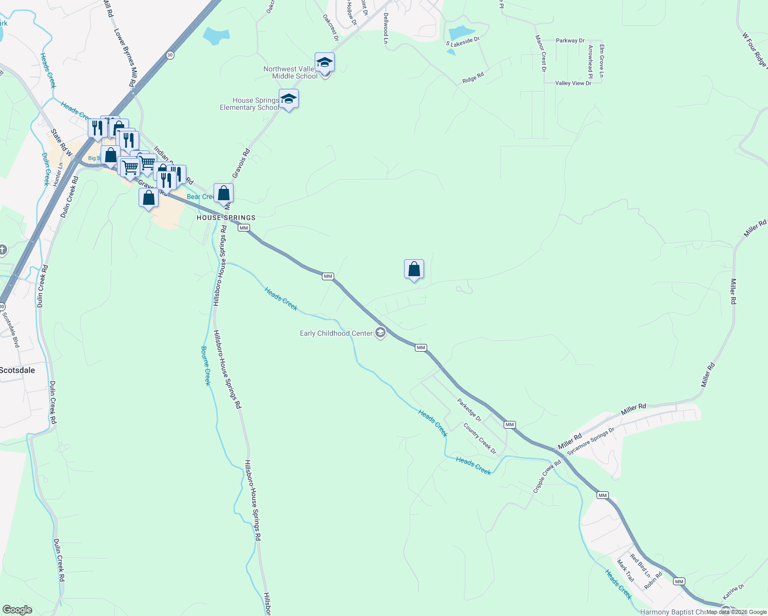 map of restaurants, bars, coffee shops, grocery stores, and more near 6180 Summerset in House Springs