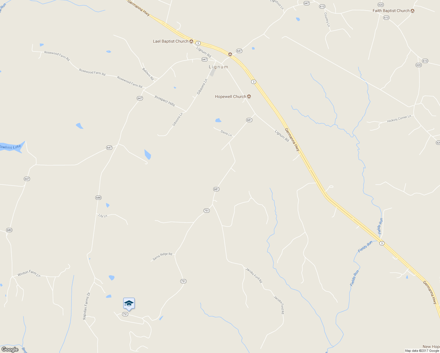 map of restaurants, bars, coffee shops, grocery stores, and more near 21532 Jacobs Ford Road in Lignum