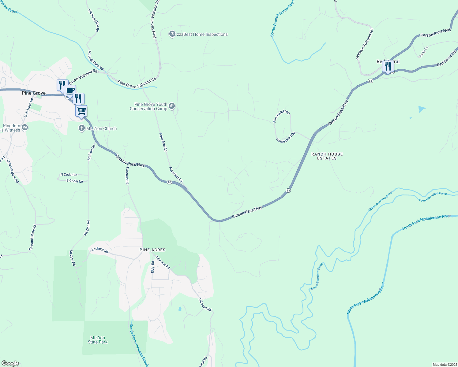 map of restaurants, bars, coffee shops, grocery stores, and more near 19501 Gayla Drive in Pine Grove