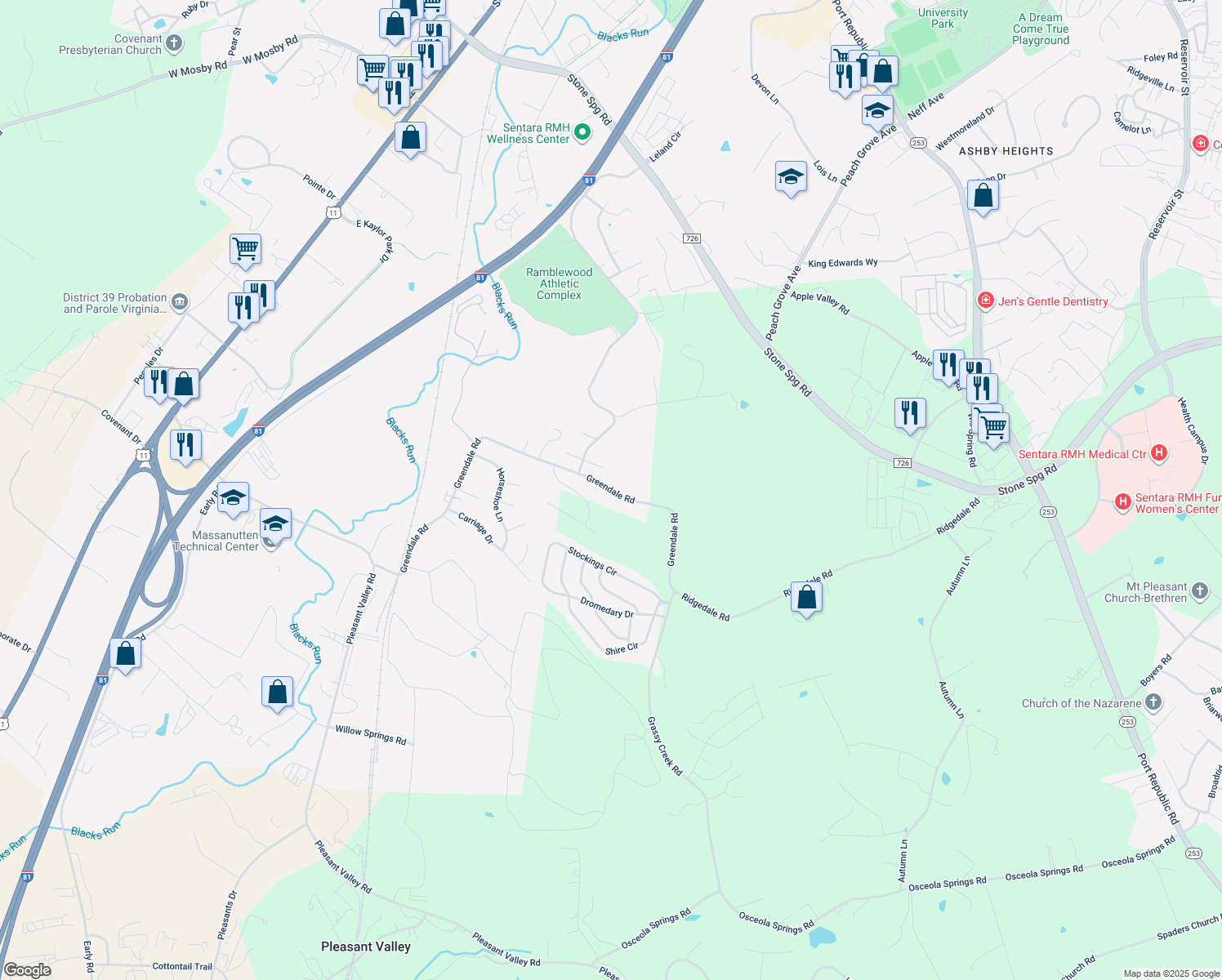 map of restaurants, bars, coffee shops, grocery stores, and more near 1221 Greendale Road in Harrisonburg