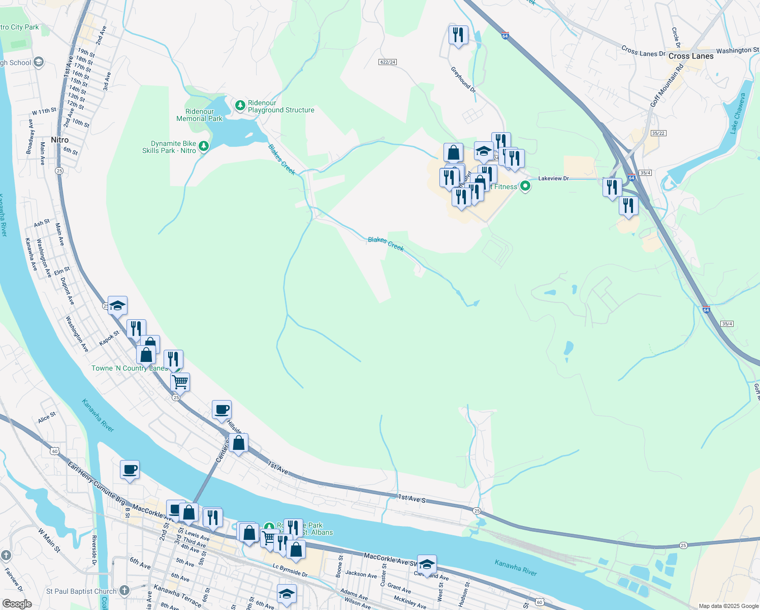 map of restaurants, bars, coffee shops, grocery stores, and more near in Nitro