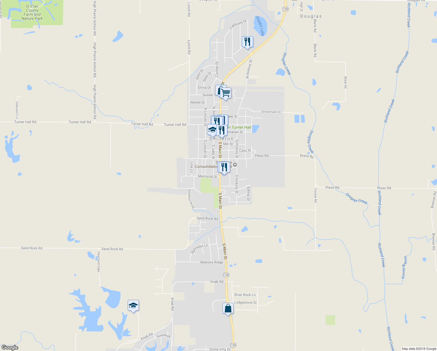 map of restaurants, bars, coffee shops, grocery stores, and more near 425 South Main Street in Smithton