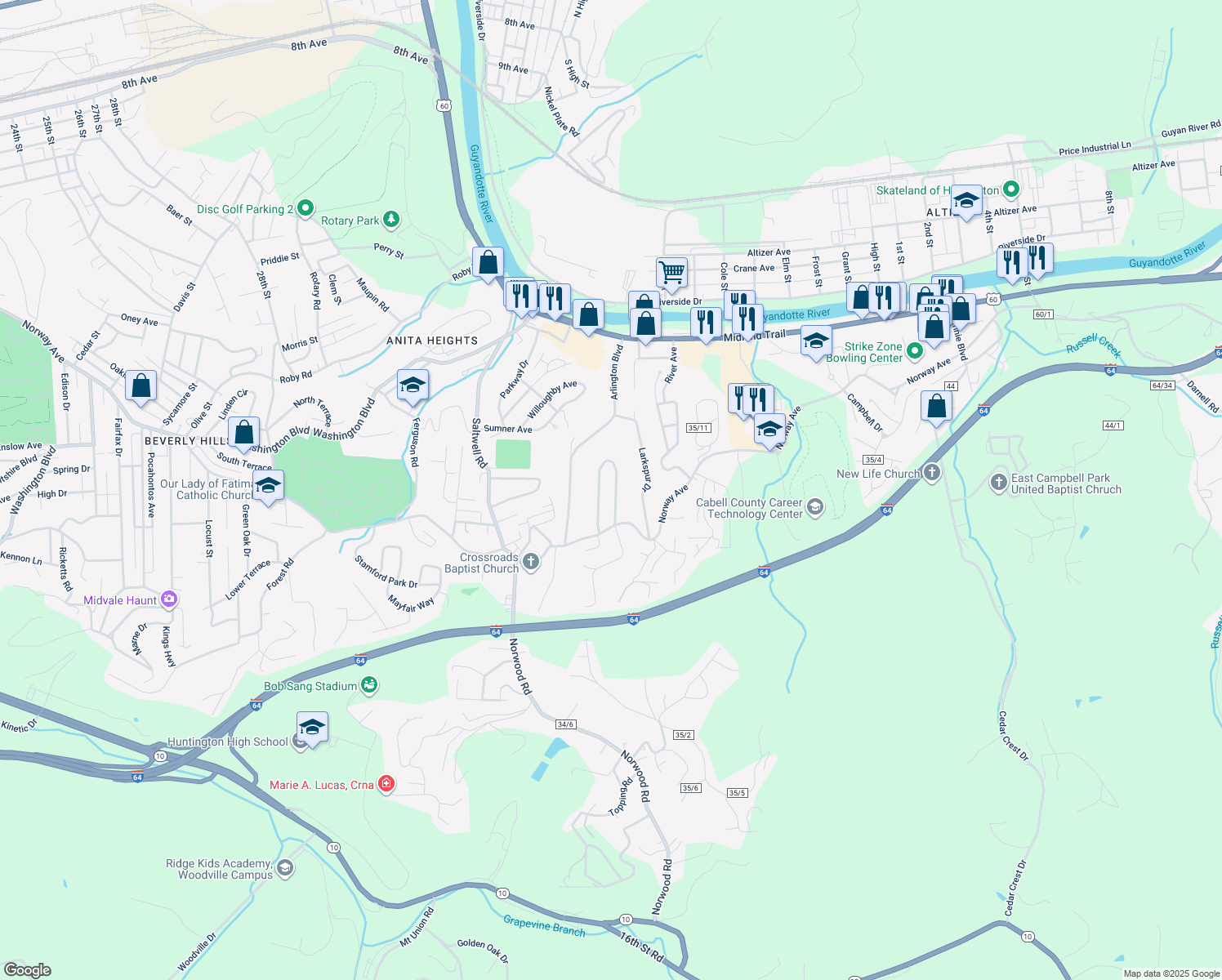 map of restaurants, bars, coffee shops, grocery stores, and more near 1764 Woodward Terrace in Huntington