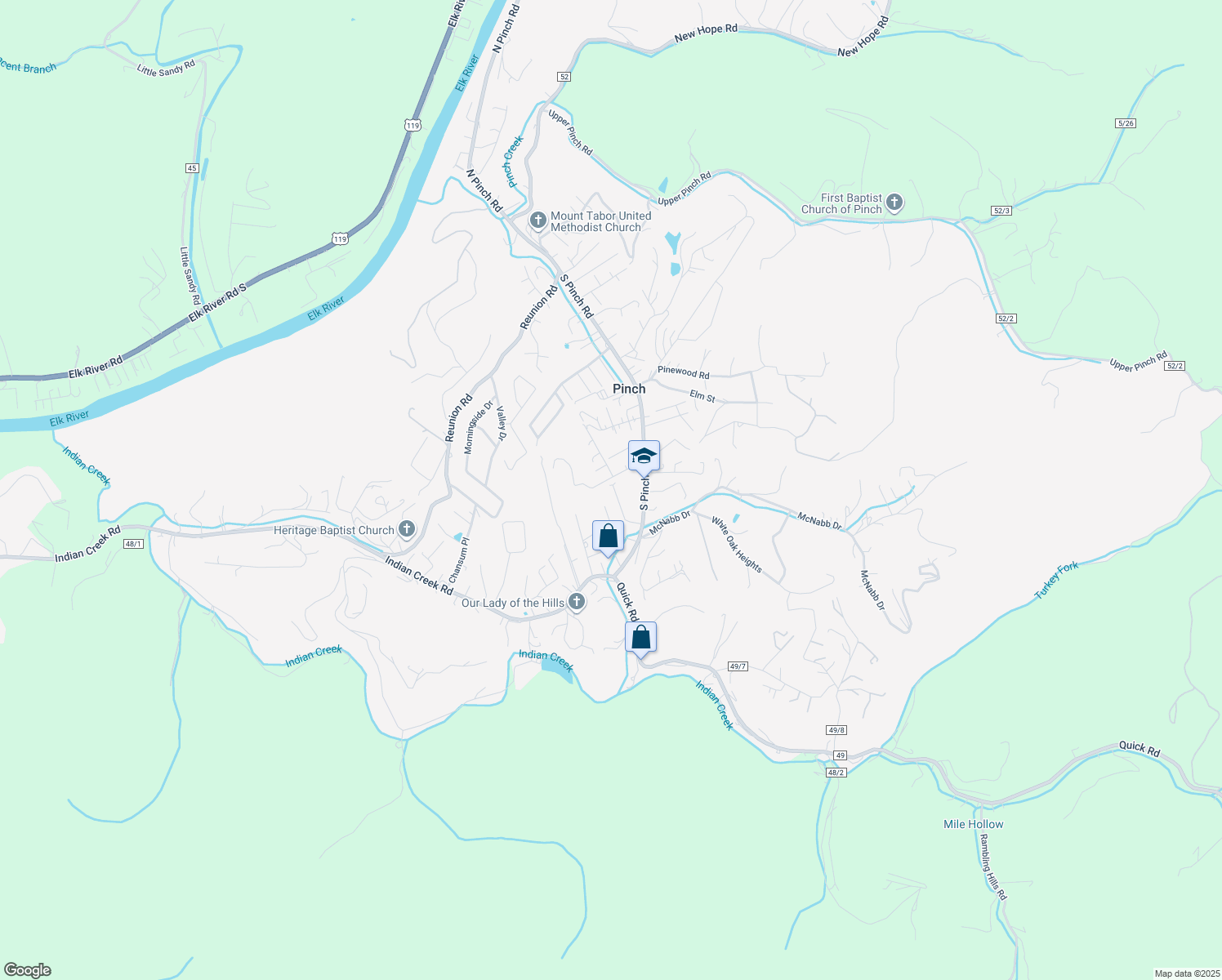 map of restaurants, bars, coffee shops, grocery stores, and more near 10 Mark Dr in Elkview