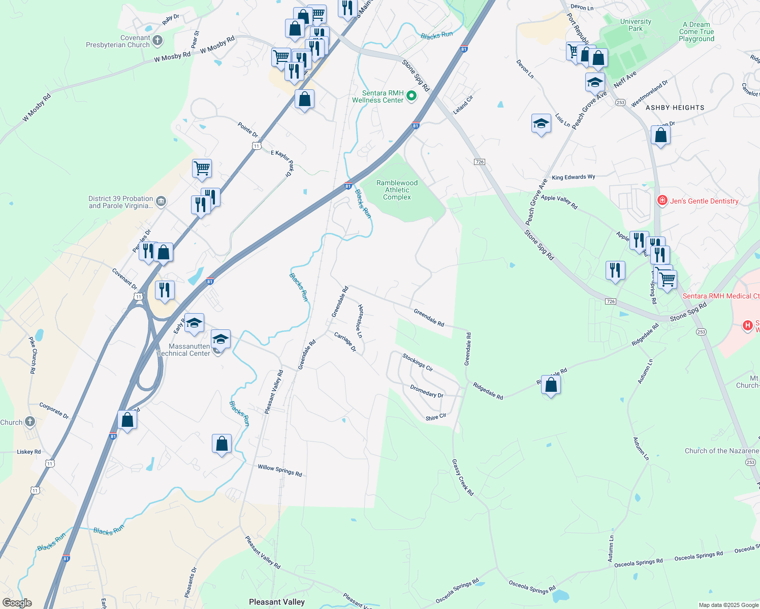 map of restaurants, bars, coffee shops, grocery stores, and more near 1071 Greendale Road in Harrisonburg
