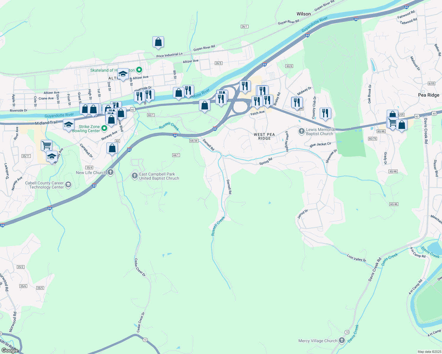 map of restaurants, bars, coffee shops, grocery stores, and more near 4769 Logan St in Huntington
