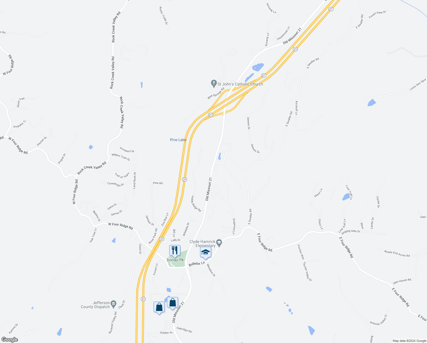 map of restaurants, bars, coffee shops, grocery stores, and more near 4714 Old Missouri 21 in Antonia