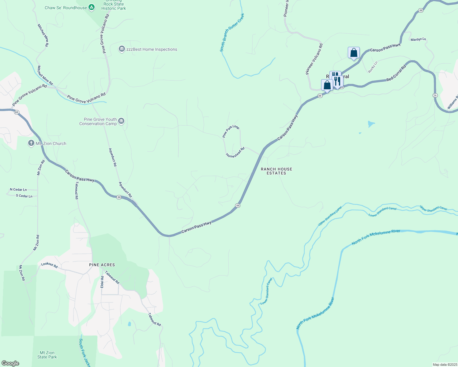 map of restaurants, bars, coffee shops, grocery stores, and more near 21605 Bills Court in Pine Grove