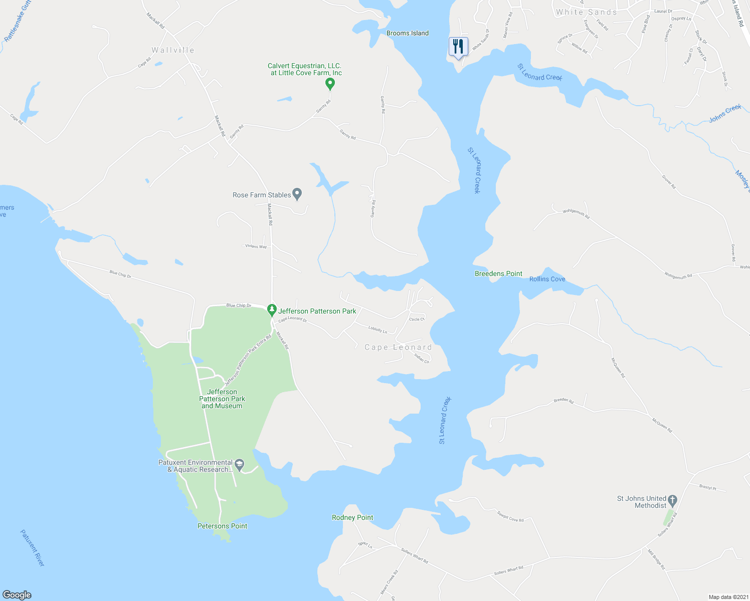 map of restaurants, bars, coffee shops, grocery stores, and more near 2385 Cape Leonard Dr in Calvert