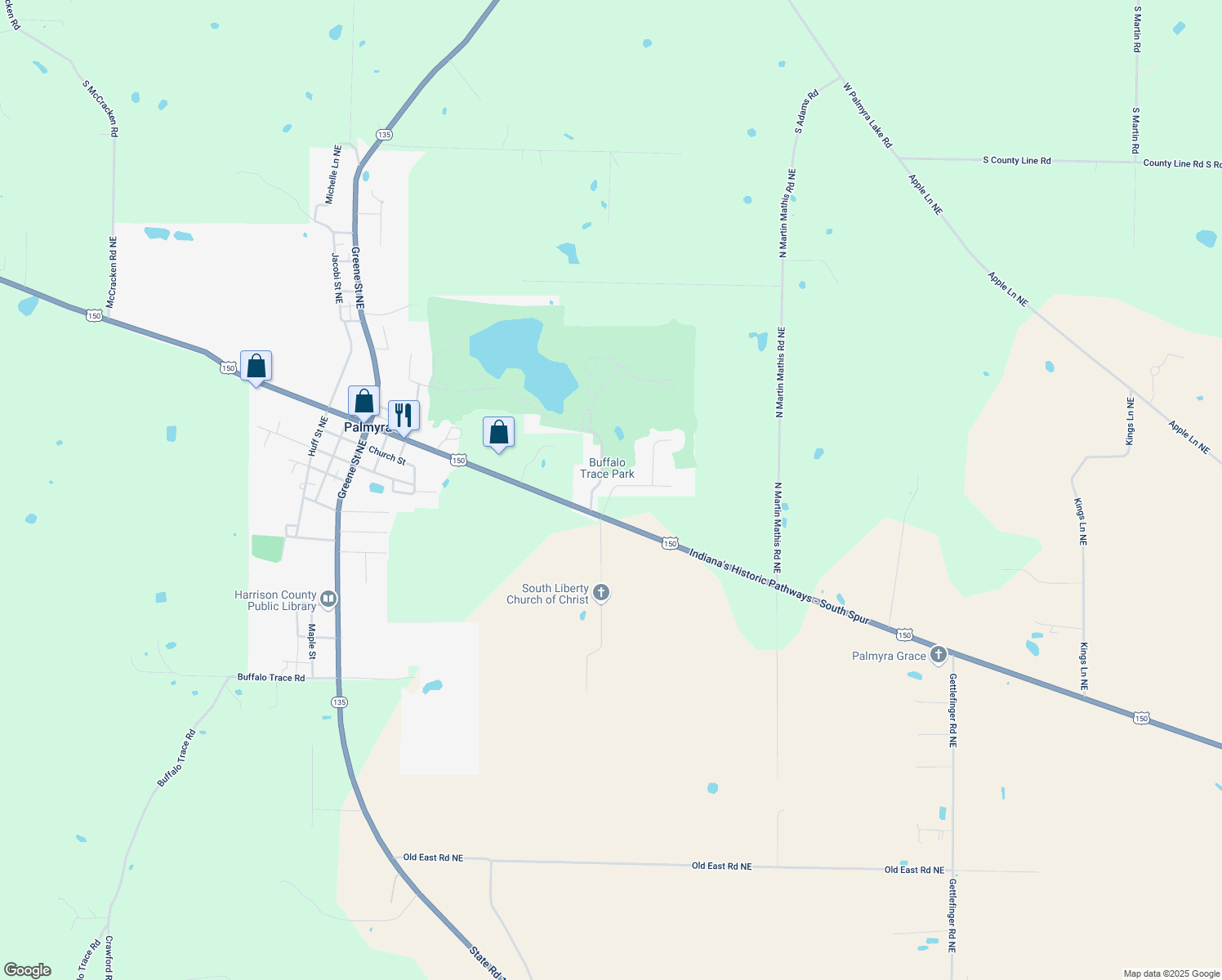 map of restaurants, bars, coffee shops, grocery stores, and more near 1619 Parkwood Court Northeast in Palmyra