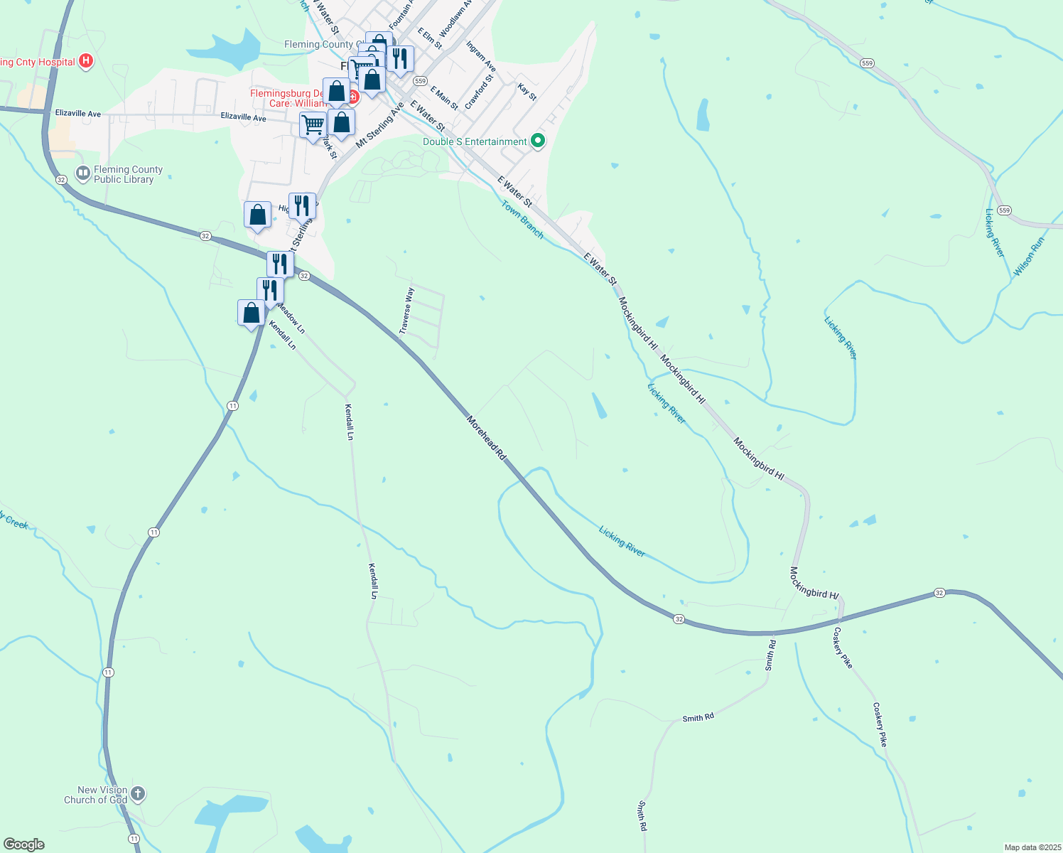map of restaurants, bars, coffee shops, grocery stores, and more near 126 Perry Lane in Flemingsburg