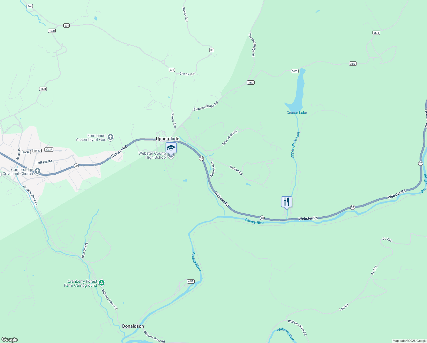 map of restaurants, bars, coffee shops, grocery stores, and more near County Route 38 in Cowen