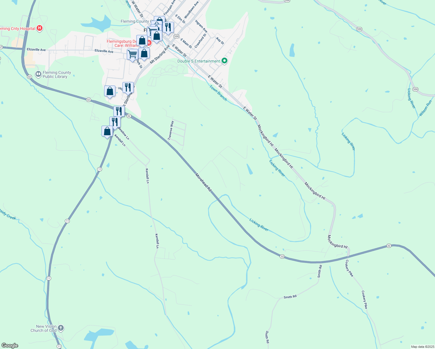 map of restaurants, bars, coffee shops, grocery stores, and more near 126 Perry Lane in Flemingsburg