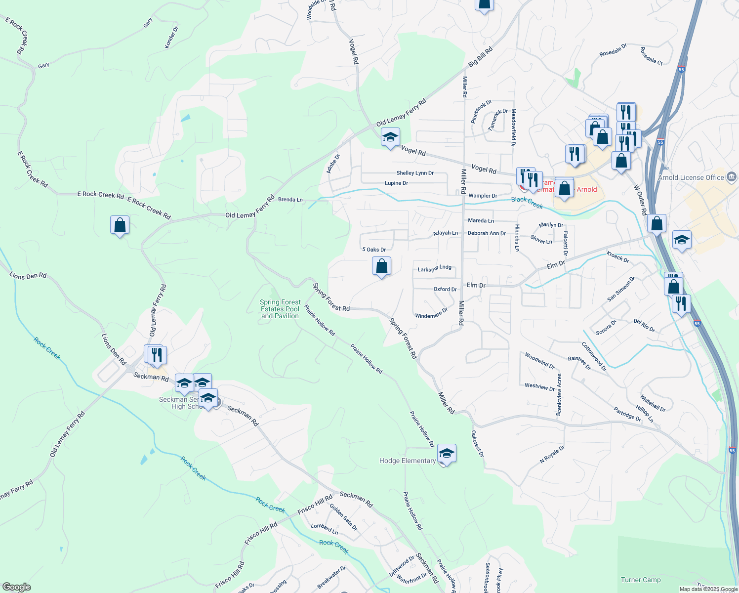 map of restaurants, bars, coffee shops, grocery stores, and more near 5001 Coffman Lane in Imperial