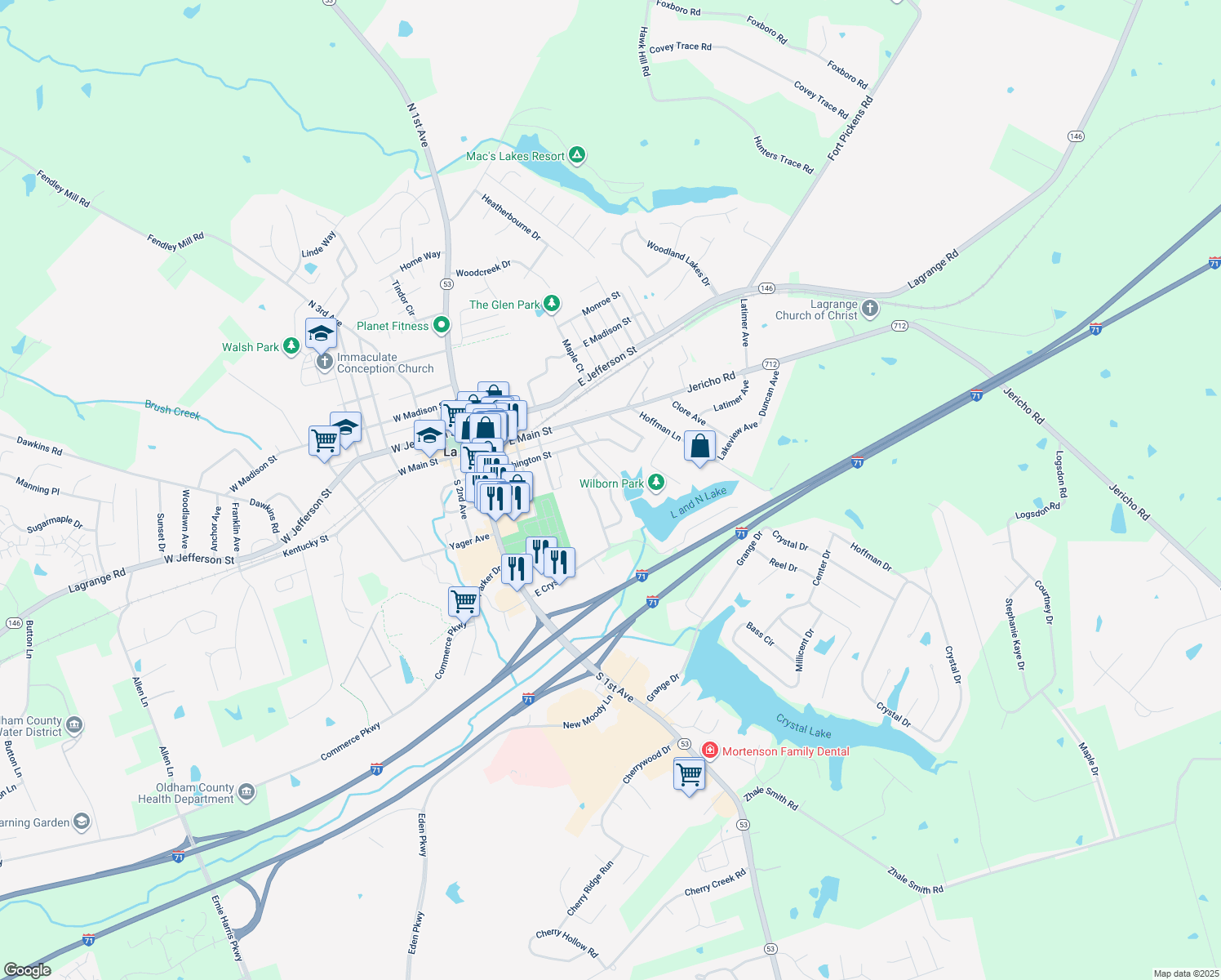 map of restaurants, bars, coffee shops, grocery stores, and more near 225 Washington Circle in La Grange
