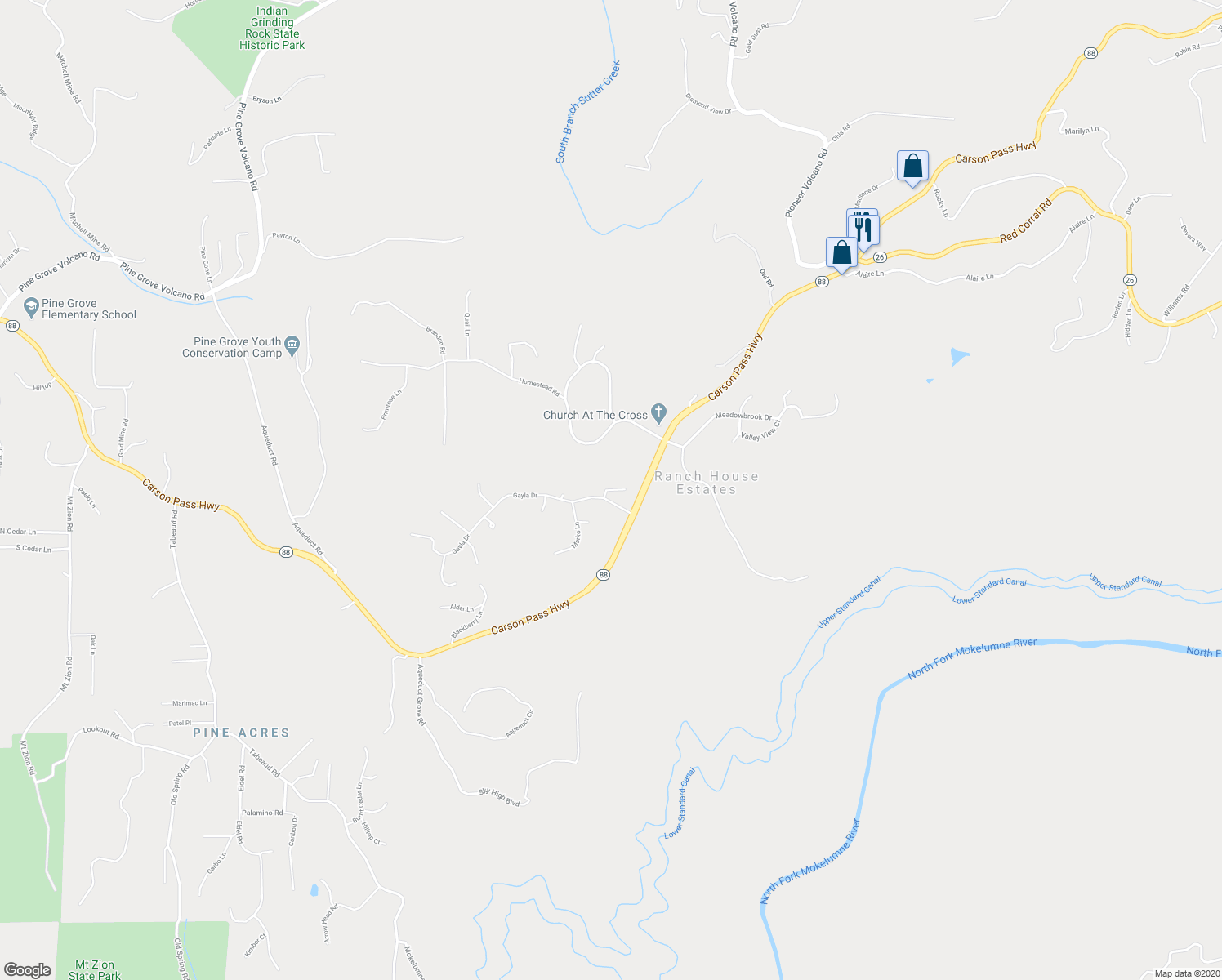 map of restaurants, bars, coffee shops, grocery stores, and more near 13645 Foothill Pines Court in Pine Grove