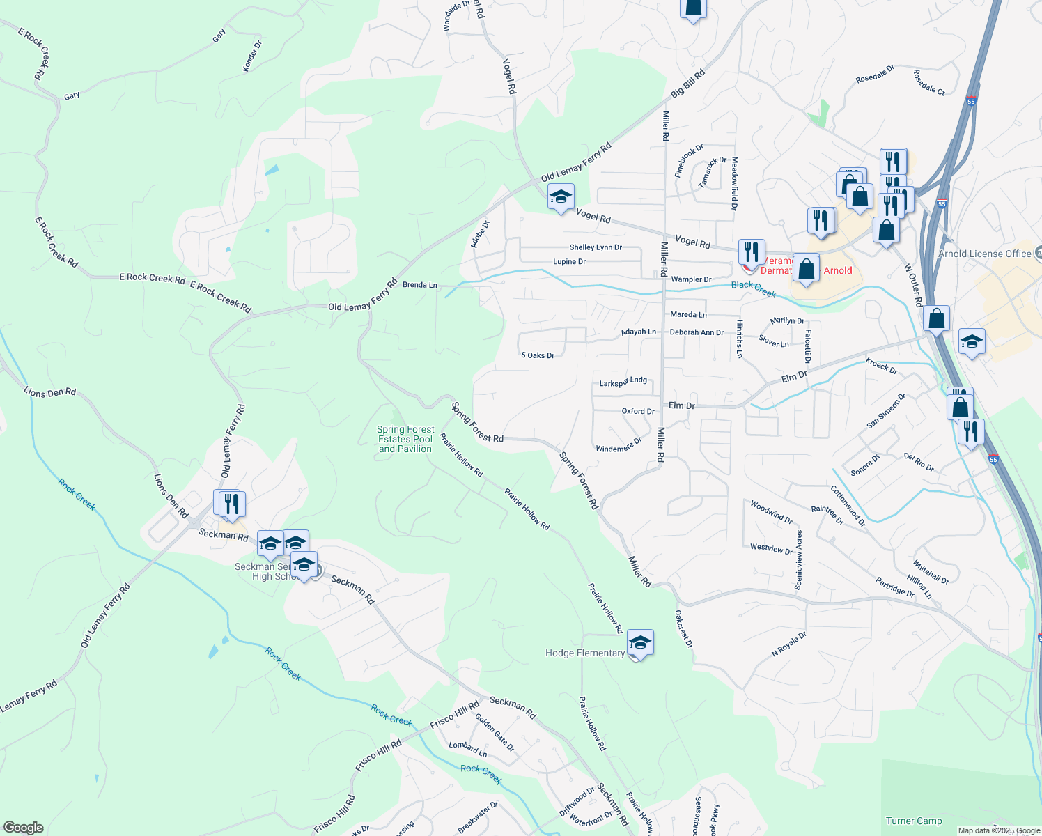 map of restaurants, bars, coffee shops, grocery stores, and more near 5001 Coffman Lane in Imperial