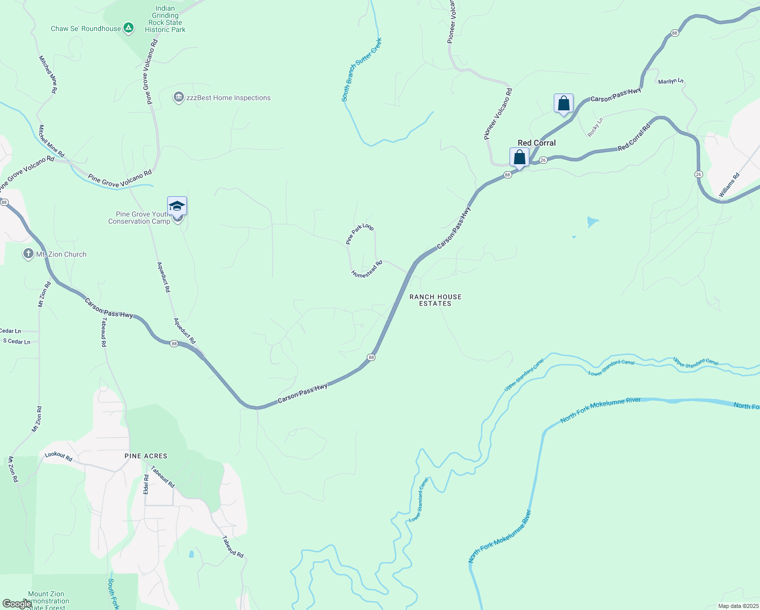 map of restaurants, bars, coffee shops, grocery stores, and more near 13645 Foothill Pines Court in Pine Grove