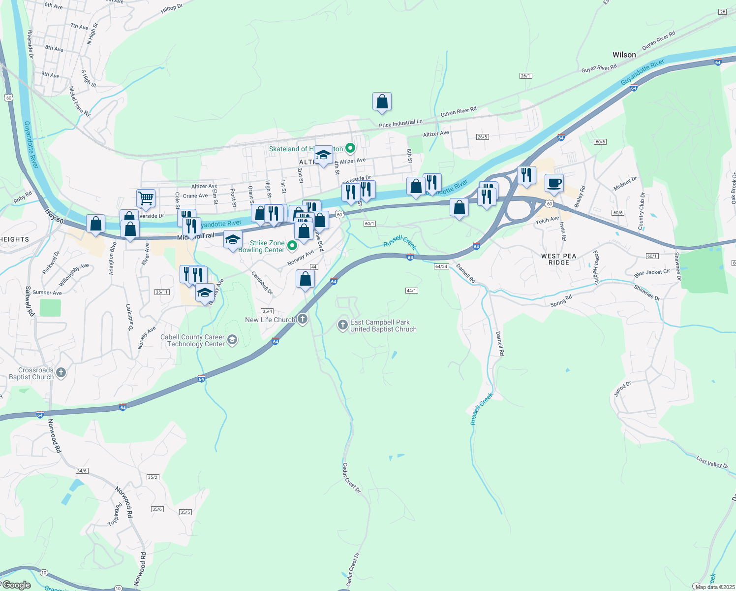 map of restaurants, bars, coffee shops, grocery stores, and more near Twin Oaks Court in Huntington