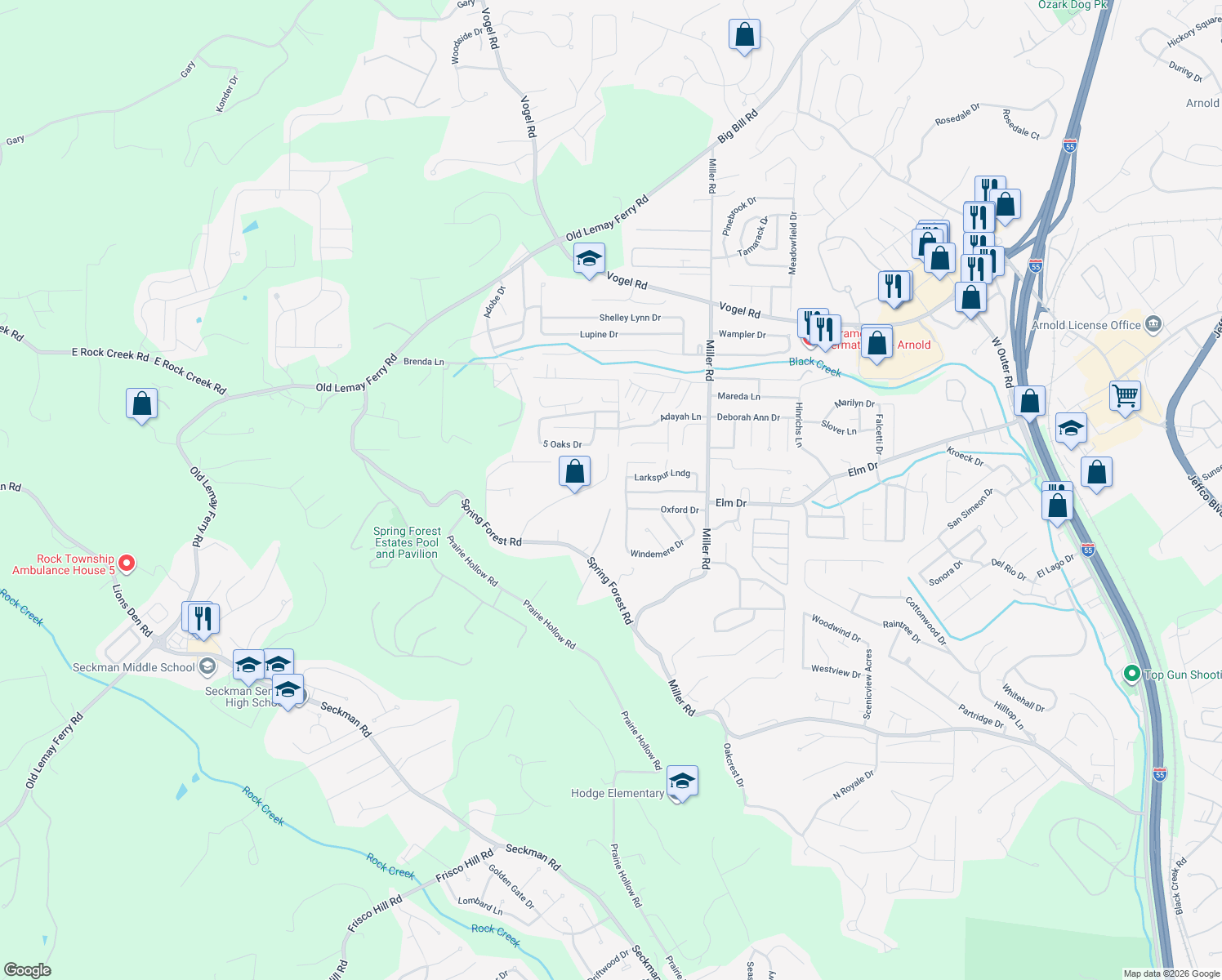 map of restaurants, bars, coffee shops, grocery stores, and more near 4940 Countryside Dr in Imperial